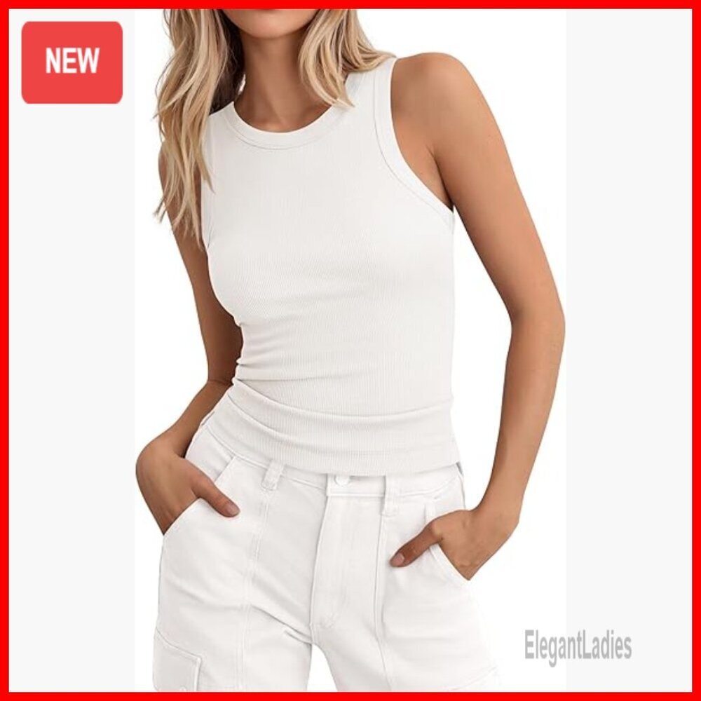High Neck Ribbed Racerback Tank Top Slim Fit Workout Casual